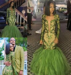 Olive Green Black Girl Mermaid Prom Dresses Long Sleeves Sheer Plunging Neck Plus Size Evening Gowns Sequined Floor Length Lace Fo5698151
