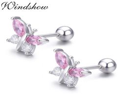 Cute 925 Sterling Silver Butterfly Pink CZ Screw Back Stud Earrings For Women Child Girls Kids Jewellery Orecchini Aros Aretes 2111014345