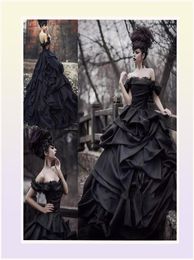 Vintage Black Ball Gown Wedding Dresses Off The Shoulder Full Length Long Cascading Ruffles And Ruched Gothic Bridal Gowns 2022 Me6321215