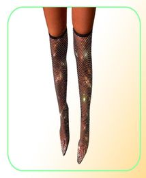 Sexy Women039s Boots Over The Knee Boots Thigh High Botas Pointed Toe High Heels Shoes Female Crystal Fishnet Mesh Nightclub Sh5362210