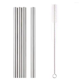 Drinking Straws 4PC Reusable Stainless Steel Metal With Cleaning Brushes Extra Wide For Milkshake