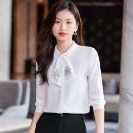 NAVIU Navy Blue Bow Tie Shirt Women New 2023 New Autumn Elegant Temperament Slim Formal Blouses Office Lady Work Tops White