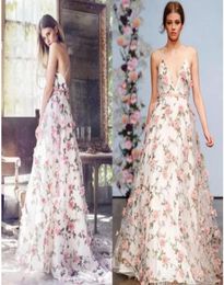 Printed Floral Prom Dresses Long Organza Engagement Dress Open Back Evening Party Gowns Sexy VNeck Formal Dress Dubai Abiye9821386