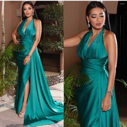 Party Dresses Sexy Long Green Taffeta Evening With Slit A-Line Pleated V-Neck Backless Court Train Formal Gown For Women