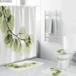 Shower Curtains Green Plant Leaves Curtain Set Bath Mats Rugs Waterproof Fabric Bathroom Flannel Toilet Cover Anti-skid Carpet