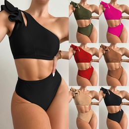 Hot Selling Ladies Swimwear European and American Solid Colour Split Swimsuits, One-shoulder Ruffles, Sexy Women's Swimsuits