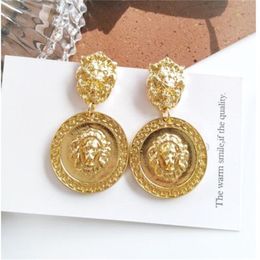 New geometric exaggeration gold relief lion head chandelier earrings European and American trend retro Jewellery Personalised women's earrings AB129