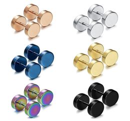 Punk Double Sided Round Titanium Steel Earrings Men Women Blue Goldcolor Fake Ear Plugs Gothic Barbell Stud Earring9214182