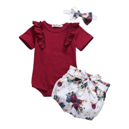 Shorts 024M Newborn Baby Girl Flower Clothes Set Ruffles Solid Romper Bow Bloomer Floral Shorts Outfits Summer Baby Costumes