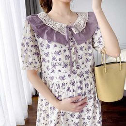 Maternity Dresses Summer Sweet Lace Ruffled Peter Pan Collar Maternity Dress Fashion Printing Pregnant Woman Elegant Dress Pregnancy Floral Dress 24412