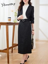Yitimuceng Sequins Suit for Women Female Blazer Sets with Skirt 2023 Office Ladies Long Sleeve Blazers Vintage Midi Skirt Suits