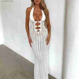 Basic Casual Dresses hirigin Elegant Womens Crochet Long Dress Slveless Halter Neck Metal Ring Front Bodycon Dress Summer Beach Dress Party Club 1 T240415