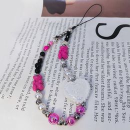 Heart Mobile Phone Charm Strap Chain Lanyard for Women Acrylic Bear Pear Glass Beads Hot Girls Rose Black Y2K Pendant Jewelry