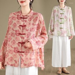 Ethnic Clothing 2024 Chinese Traditional Folk Blouse Women National Flower Print Cotton Linen Retro Streetwear Loose Hanfu