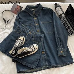Denim Outfits Chic Two Piece Sets Women Clothing Long Sleeve Loose Shirt Coat High Waist Bodycon Mini Skirt Suit Casual Y2k Set 240412