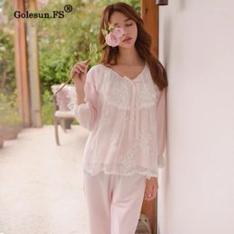 Home Clothing Arrival Autumn Women Elegant Pure Cotton Lace Floral Pajamas Set Lady Lounge Sleepwear Pijamas Retro 8001