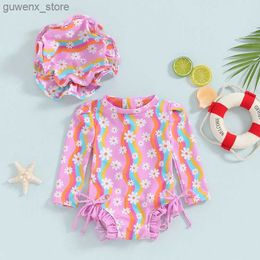 One-Pieces 6M-4T Girls Blue Bikini Beach Swimsuit Long slEEved Standing Neck Flower Rainbow Printed Hooded Swimsuit+Hat Y240412