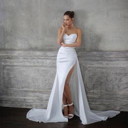 Sexy Long V-Neck Satin Garden White Wedding Dresses With Split Mermaid Sleeveless Lace Up Back Sweep Train Bridal Gowns for Women