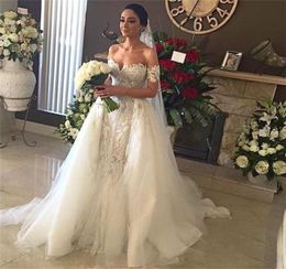 Luxury White Wedding Dresses With Removable Tulle Overskirt Mermaid Lace Applique Sweetheart Neck Backless Court Train Bridal Dres3270071