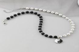 Chokers Round Pearl Beads Yin Yang Taichi Pendant Stainless Steel Chain Unisex Necklace Couple Jewellery Women Mens9215860