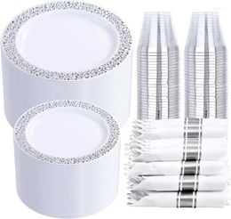 Disposable Dinnerware DaYammi 210PCS Silver Plastic Set Fancy Plates Includes: 30 Dinner Salad Cups 9 OZ