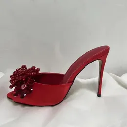 Dress Shoes Solid Red String Bead High Heel Mule Peep Toe Slip On Crystal Rhinestone Floral Women Sandals Real Po