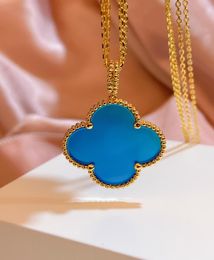 Female designer necklace blue ceramic Pendant large flower fourleaf clover blue Romantic 25cm popular season with women039s c1412781