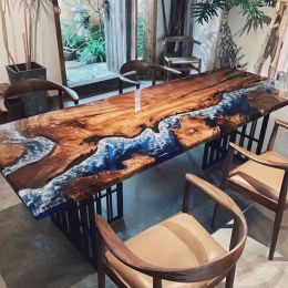 New Hot Sale Live Edge Wood Slab Blue Resin River Dining Table Pterocarpus Erinaceus Poir Epoxy Resin and Wood Table