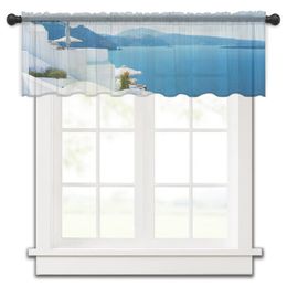 Santorini Greece Building Sea Short Sheer Window Curtain Tulle Curtains for Kitchen Bedroom Home Decor Small Voile Drapes