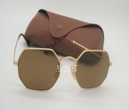1Pair High Quality Mens Womens Octagonal Sunglasses Eyewear Sun Glasses Gold Metal Brown Glass Lenses 53mm With Brown Cases4363800
