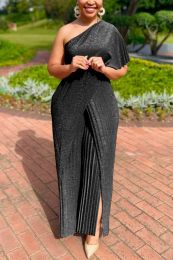 Women Elegant Ruched One Shoulder Wide Leg Pants Jumpsuit Irregular Ruffle Pleated Party Club Night Out Wedding Evening Jumpsuit