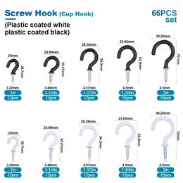 60pcs Ceiling Hooks Screw Kit White Black Cup Hooks Screw-in Hooks Mug Hooks Hangers Assortment Kit Eye Screw for Wall Hanging