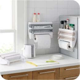 Foil Dispenser Paper Towel Holder 4 In 1 Kitchen Spice Shelf Plastic Wrap Organise Cling Film Cutting Holder Kitchen Accessories