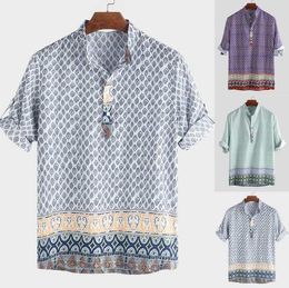 Januarysnow 2020 Ethnic Style Print Mens Shirt Short Sleeve Stand Collar Loose Casual Tops Summer Brand Hawaiian Shirts Men Vintag2391555