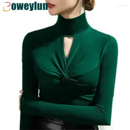 Women's T Shirts Boweylun Office Lady Half-high Neck Milled Solid Bottoming Shirt Female Slim Hollow Out Splicing Long-Sleeved Tops Women