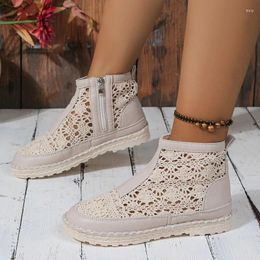 Casual Shoes PU Mesh Spliced Sewing Hollow Embossed Low Heel Short Zipper Fashion Women's Sandals Boots 2024 For Women Zapato