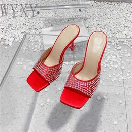 Slippers Summer Square Toe Real Leather Crystal High Heel Women Fashion Sexy Thin Party Ladies Stiletto 2024