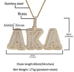 Iced Out Pendant Baguette Custom Name Pendant Necklace for Men Women Prong Setting CZ Zircon Letters Necklaces Hip Hop Jewellery Stainless Steel 24 Inch Rope Chain