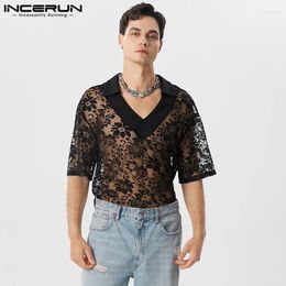 Men's Casual Shirts INCERUN Tops 2024 Sexy Fashionable Thin Lace Mesh Party Shows Male See-through V-neck Lapel Blouse S-5XL