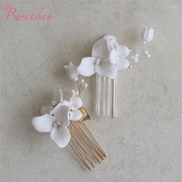 Hair Clips Bridal Jewelry Porcelain Flower Wedding Combs Ceramic Bride Party Hairpin RE6095-1