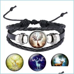 Charm Bracelets Colorf Elk Po Black Leather Woven Bracelet Glass Cabochon Handmade Snap Button Jewellery Gift For Men Drop Delivery Dhas4
