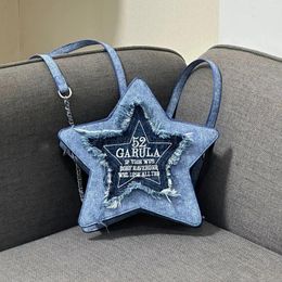 Backpack Korean Style Niche High-end Fashion Design Denim Blue Five-pointed Star Embroidered Letters Tassel Crossbody Bag Chic