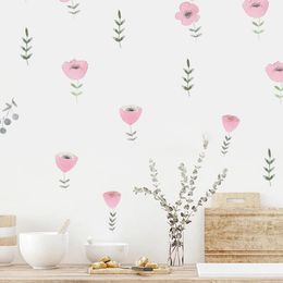 Watercolour Pink Flowers Wall Decal Meadow Floral Leaves Wall Stickers Vinyl Boho Botanical Wall Art for Bedroom Kids Room Decor