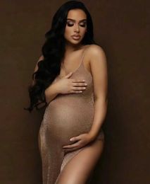 Maternity Dresses Gold Pregnancy Dress Photography Knitted Maternity Dresses Photoshoot Robe Clothing Props Baby Shower Dresses For Pregnant Woman 240412