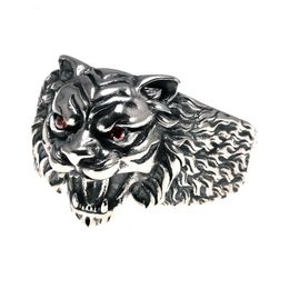 925 Sterling Silver Tiger Ring for Men Exaggerated Cool Vintage Thai Open Inlaid Zircon Head Male Jewelry240412