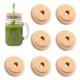 Dinnerware 16Pcs Regular Mouth Jar Seal Lids Reusable Canning Bottle Bamboo Covers With Straw Hole