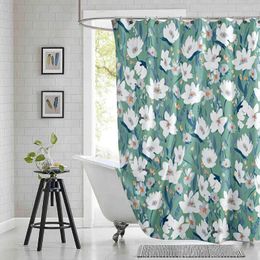 Shower Curtains Flower Field Curtain Gouache Flowers Abstract Green Printed Polyester Fabric Waterproof Bathroom With Hooks