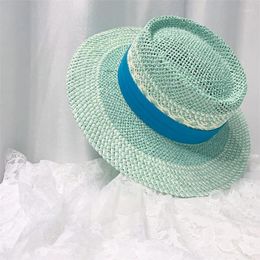 Berets Women's Summer Mint Green Flat Top Straw Hat Bar Beach Sunscreen Nama