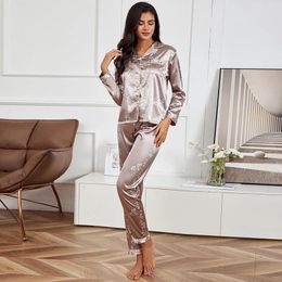 Women's Sleepwear Pyjamas For Women Silk Satin Spring Long Sleeve Top With Trouser Homewear Pyjama Flower Print Pyjama Pants Lounge Sets