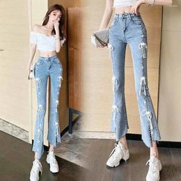 Women's Jeans Spring Pants Fashion 2024 High Waist Hip Split Bow Flared Women Loose Trousers Tight Patchwork